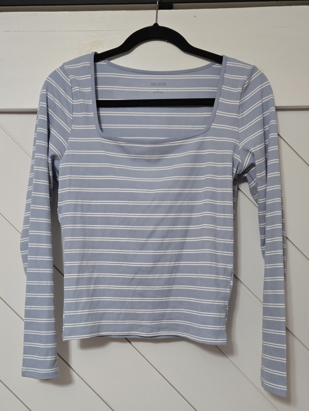 Hollister Pale Blue and White Striped Square-Neck Long Sleeve Top